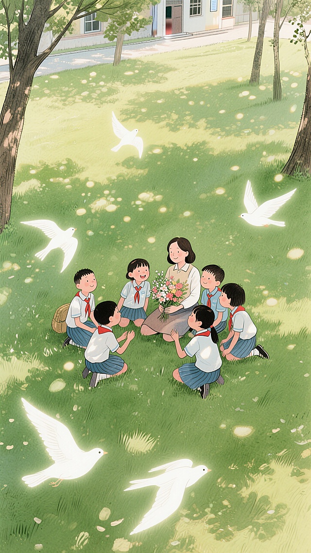 在校园的草地上，绿色调，学生们（穿着中国校服，姿态不一）愉悦靠在一位女老师（手里抱着鲜花）身边，一起坐在微风吹拂的草坪上互动的场景，几只动态的发光白鸟飞过装点画面，整个画面充满动态感和灵动感，温馨，梦幻，大量光斑，极强的光影交织，树影婆娑，鸟瞰视角POV，非常规的创意构图