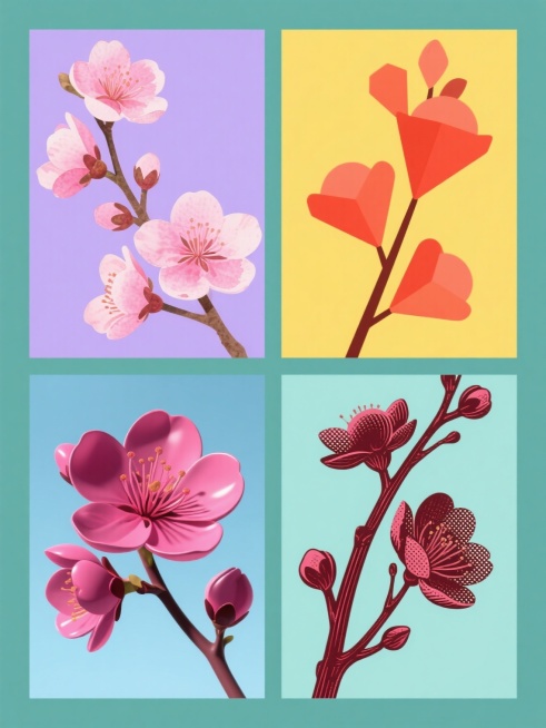 四张桃花系列素材规整排布于画面，每张素材均为纯色背景：第一张为水彩风格，粉色桃花枝干纤细，花瓣边缘晕染柔和，背景浅紫；第二张是扁平插画风格，橙红色桃花造型几何化，线条硬朗，背景明黄；第三张为3D渲染风格，深粉色桃花质感光滑，有明显光影层次，背景浅蓝；第四张是复古版画风格，深红色桃花线条粗犷，带有网点纹理，背景浅绿。所有桃花均保留枝干、盛开花朵与花苞的元素内容，整体构图平衡对称。预览效果