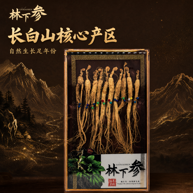 [主图-1] 长白山核心产区林下参首图。
[氛围风格] 复古大气国风，深棕色配金色水墨山脉线条撒金质感，高端养生礼品氛围；
[画质] 商业摄影质感、光线柔和通透、产品清晰真实、画面干净高级，保持林下参预览效果