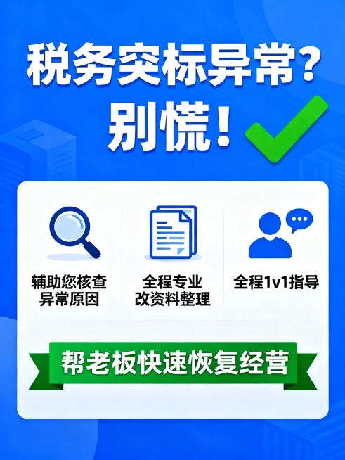 文案：税务突标异常？别慌！
辅助您核查异常原因，
全程专业改资料整理
全程1v1指导 
帮老板快速恢复经营。生成图片预览效果
