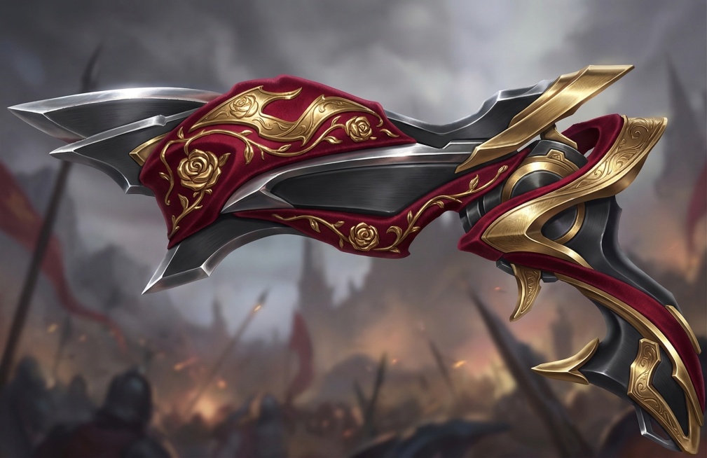 优化这把枪械的结构，提升细节精度，保留原有红黑金的配色和大致造型：红色部分为哑光丝绒质感酒红，搭配鎏金浮雕玫瑰纹样；黑色结构为哑光磨砂黑钢，边缘做高亮倒角处理；金色装饰为抛光鎏金，做细微拉丝纹理，枪身预览效果