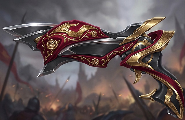 优化这把枪械的结构，提升细节精度，保留原有红黑金的配色和大致造型：红色部分为哑光丝绒质感酒红，搭配鎏金浮雕玫瑰纹样；黑色结构为哑光磨砂黑钢，边缘做高亮倒角处理；金色装饰为抛光鎏金，做细微拉丝纹理，枪身结构线条锐利清晰，光影分层写实，符合王者荣耀游戏武器原画标准