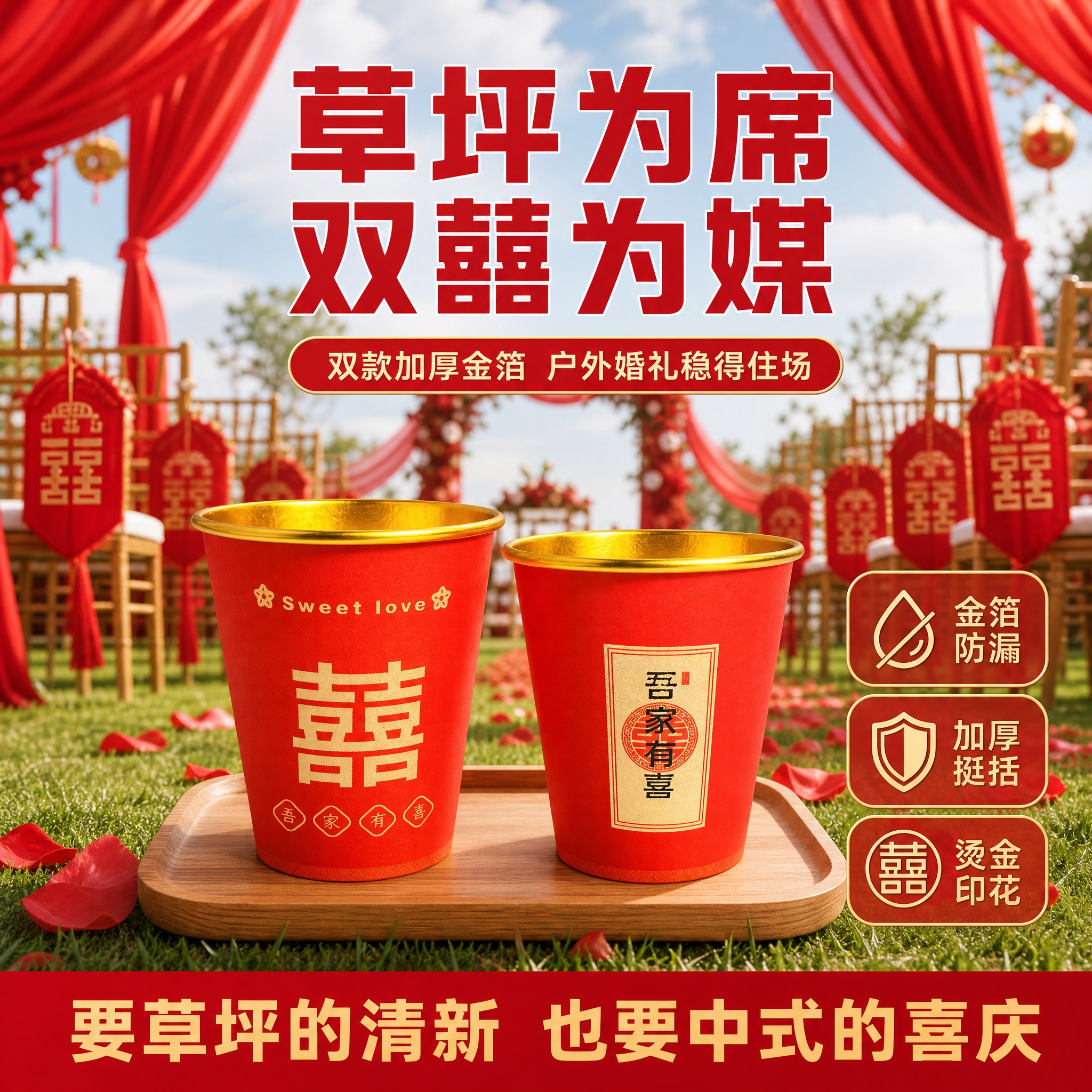 拼多多主图1，正红色加厚金箔一次性纸杯双款组合装（红色喜字款+… - 图片创意预览