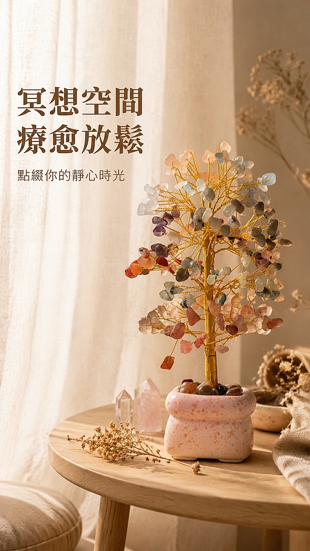 [第2屏] 冥想场景种草，展示能量树在家居冥想空间的陈列效果。本屏使用【图1】作为商品主体。
[氛围/风格] 自然治愈侘寂风，暖调居家氛围感，柔和自然光感，真实家居场景质感。
[元素布局] 将能量树摆放在浅原木色冥想小边桌上，背景是亚麻质感素色窗帘，桌面散落干花和小型水晶柱，能量树主体占比约60%，整体营造宁静放松的冥想空间氛围，产品结构颜色与原图一致。
[光影质感] 柔和侧自然光，窗帘透入漫反射光线，整体明亮柔和，阴影过渡自然，保留水晶通透光泽。
[配色色系] 全局底色 #F5F0E8，主色原木浅棕，辅助色亚麻米白、水晶自然色。
[视角构图] 45度斜侧视角，景深适中，产品放置在桌面偏右位置，左侧留白放文案。
[文字版式] 左侧文案区，主标题「冥想空間 療愈放鬆」，副标题「點綴你的靜心時光」繁体字排版，主标题加粗暖棕色，副标题浅棕，文字排版疏朗不遮挡主体产品。
[比例分辨率] 9:16 竖版比例，4K分辨率，文字清晰可辨，高清画质。
[负向提示词] 产品变形，缺件错件，颜色偏差，文字错乱，文字过小，水印，背景杂乱