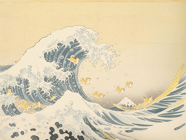 特写视角，日本浮世绘风格背景图，细腻流畅的线条勾勒出微风中轻轻摇曳的浪花，浪花形态舒展，偶有细微的透明气泡若隐若现，浪花末端有无数只黄色秋田犬随着浪花飞溅，它们在空中飞舞，形态各异且非常小，背景为纯净的淡黄色，带有宣纸纹理，整体清新雅致，尽显干净、纯粹的日本意境