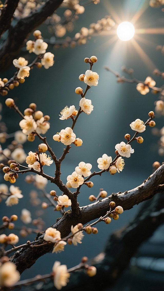 太阳从右上方照进来，树枝腊梅绽放着花朵，摄影，写实，高清4K