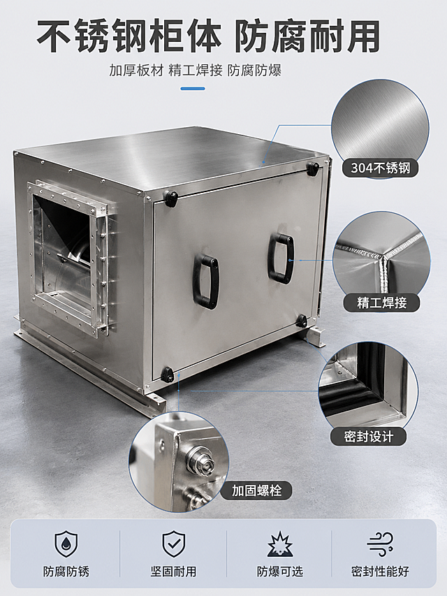 [第3张] 材质工艺-不锈钢柜体结构防腐防爆细节特写。本张使用【图1】作为商品主体。
[氛围/风格] 工业品质感，金属材质特写，突出工艺细节，商业摄影质感。
[元素布局] 画面主体为不锈钢柜式离心风机的局部特写，占比约60%，重点展示不锈钢柜体表面拉丝纹理、边角焊接工艺、黑色把手细节、进风口法兰螺栓结构。保持产品材质、颜色、结构与输入图一致。背景为浅灰色工业风台面，带有金属质感。画面周围分布3-4个局部放大圆框，分别展示：不锈钢拉丝纹理特写、焊接边角工艺、密封胶条细节、螺栓固定结构。每个放大框有引线连接到产品对应位置。
[光影质感] 侧光照明，突出金属拉丝纹理和立体感。高光清晰，暗部有层次，金属质感强烈。局部放大区域光线更明亮，细节清晰可见。
[配色色系] 全局底色 #F5F5F5 浅灰；主色不锈钢银灰；辅助色深灰 #333333；强调色工业蓝 #2C3E50。
[视角构图] 45°斜侧视角，主体居中偏左，放大框分布在右侧和下方，阅读动线从标题到主体再到细节。
[文字版式] 顶部主标题"不锈钢柜体 防腐耐用"，深灰色超大粗黑体。副标题"加厚板材 精工焊接 防腐防爆"，灰色小字。右侧和下方每个放大圆框旁配短标签："304不锈钢""精工焊接""密封设计""加固螺栓"。标签为深灰底白字圆角矩形。底部通栏浅蓝灰底，4个卖点横向排列："防腐防锈""坚固耐用""防爆可选""密封性能好"，每个配小图标。
[比例分辨率] 3:4 竖版比例，4K 分辨率，文字清晰可辨，高清画质。
[负向提示词] 变形，水印，文字错乱，文字过小，缺件错件，结构错误，颜色偏差，产品图模糊，背景杂乱，电商平台Logo。