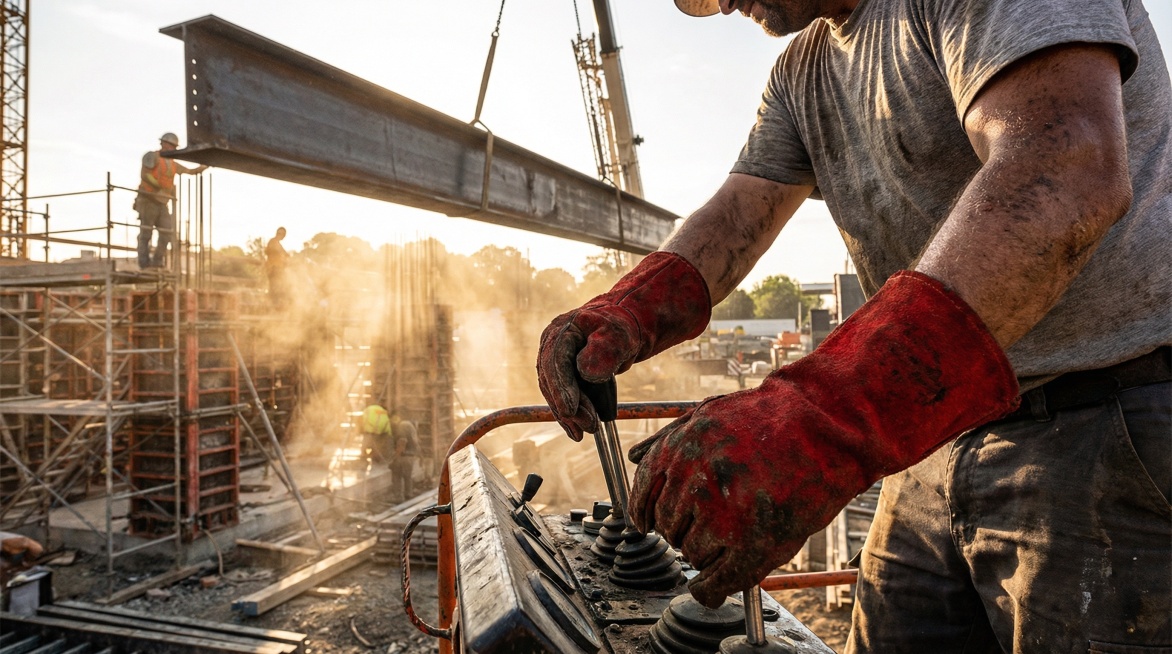 建筑工人戴着图中手套，在建筑工地操作重型机械，起重钢梁，阳光普照的尘土飞扬的环境，手套显示磨损但仍然完好无损，皮革上的真实污垢和铜绿，动态动作镜头，广角镜头，摄影风格，真实的工作场景。预览效果