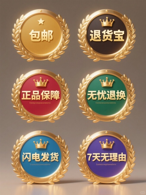 六个规整排布的促销标签，每个标签为圆形徽章样式，采用纯色背景且颜色各不相同，徽章外圈有金色月桂叶花纹装饰，顶部有小五角星，中心有金色皇冠图案，标签中央分别用金色中文文字显示“包邮”“退货宝”“正品保障”“无忧退换”“闪电发货”“7天无理由”，文字下方对应英文翻译，整体呈现金属质感与光泽，光影效果突出立体感，设计风格统一为华丽促销徽章样式。预览效果