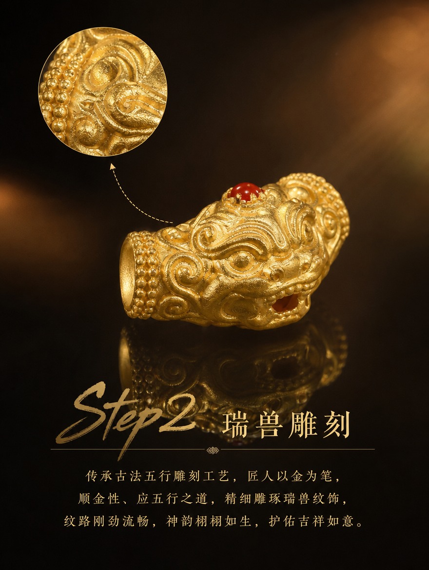 古法黄金瑞兽三通细节展示第二步瑞兽雕刻详情页，暗调黑金国风风格… - 图片创意预览