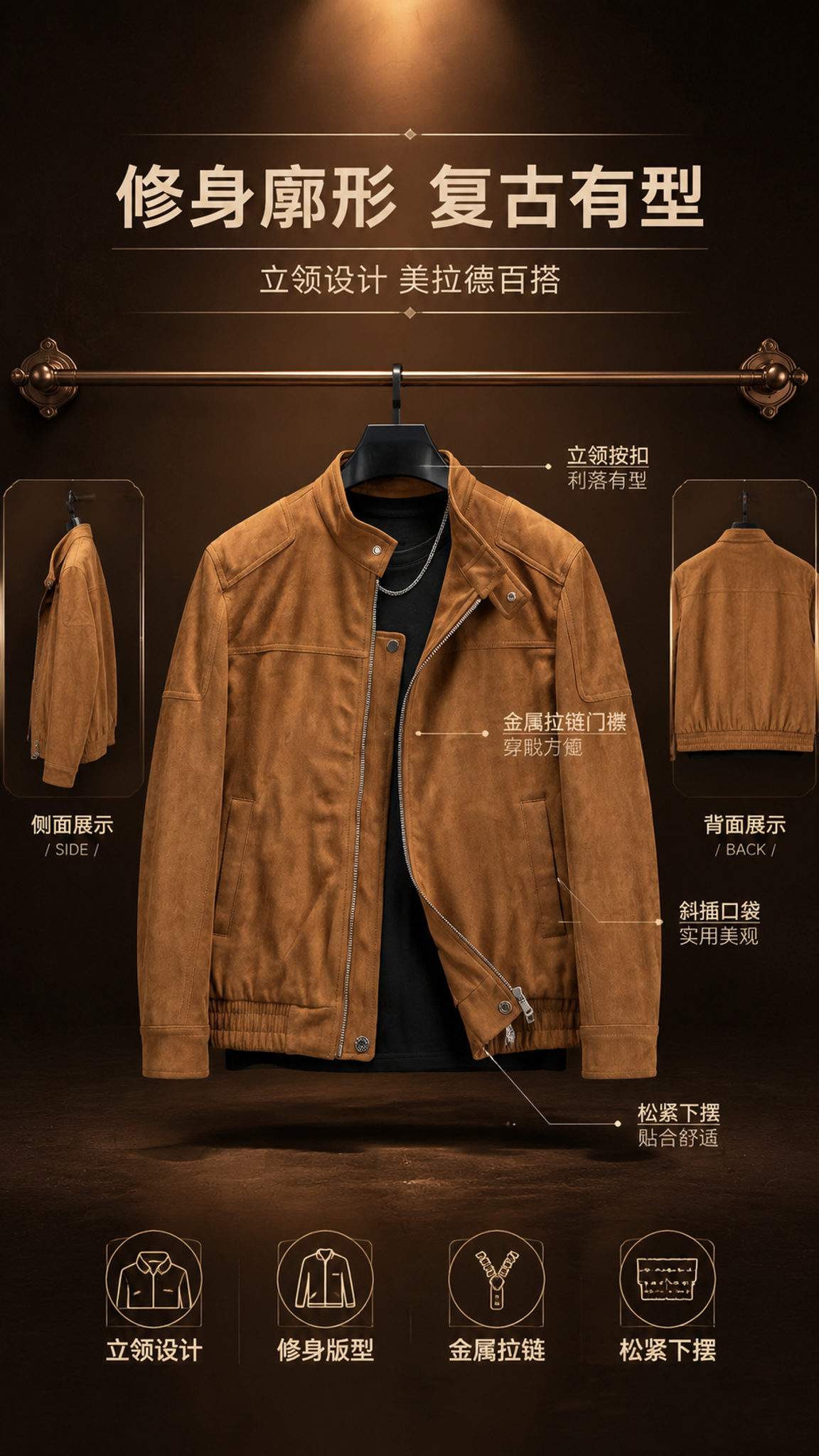 [第2张] 详情页版型解析-驼色麂皮绒立领夹克多角度廓形展示。… - 图片创意预览