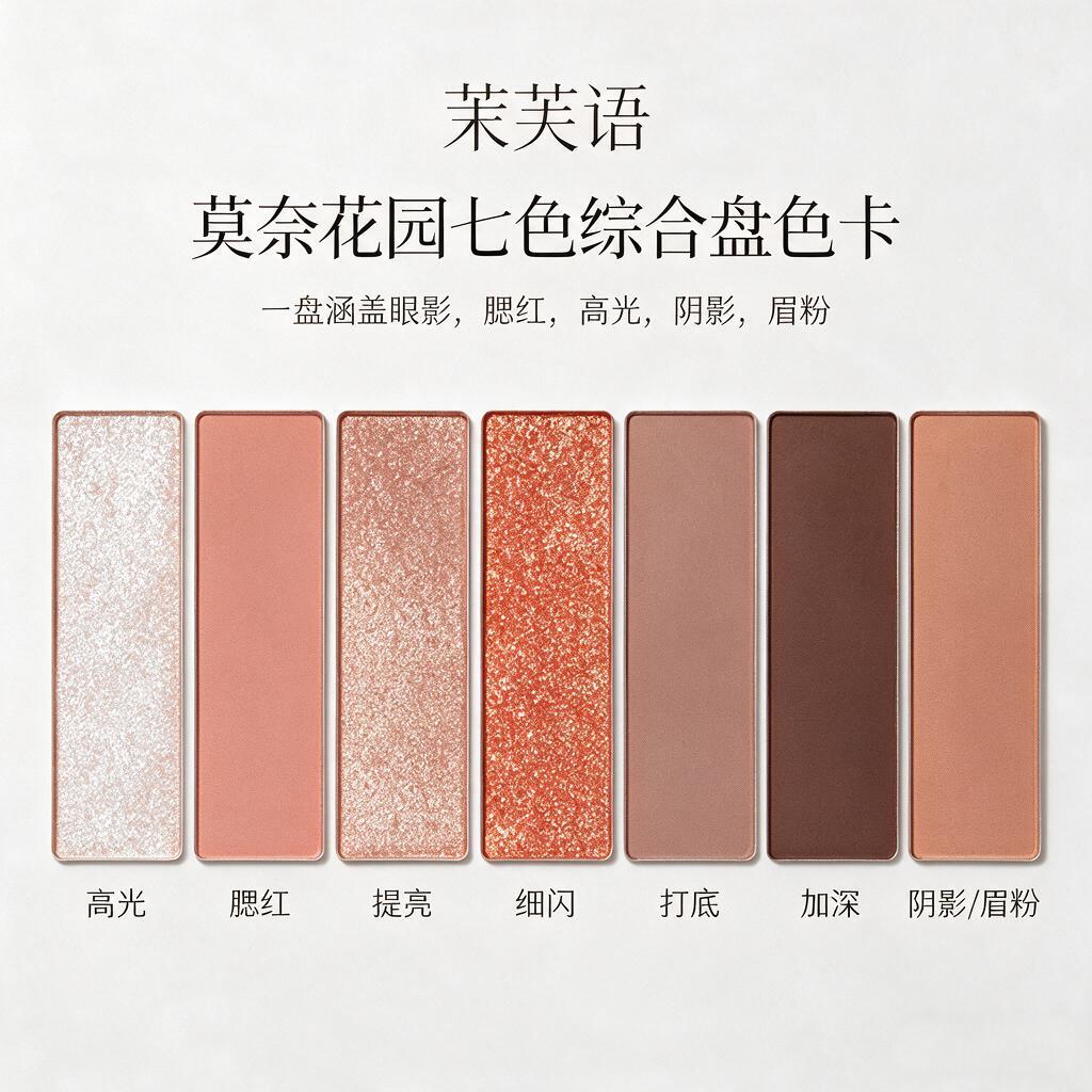 基于参考图中的眼影色卡进行重新排版设计，严格保留原图中7个色块… - 图片创意预览