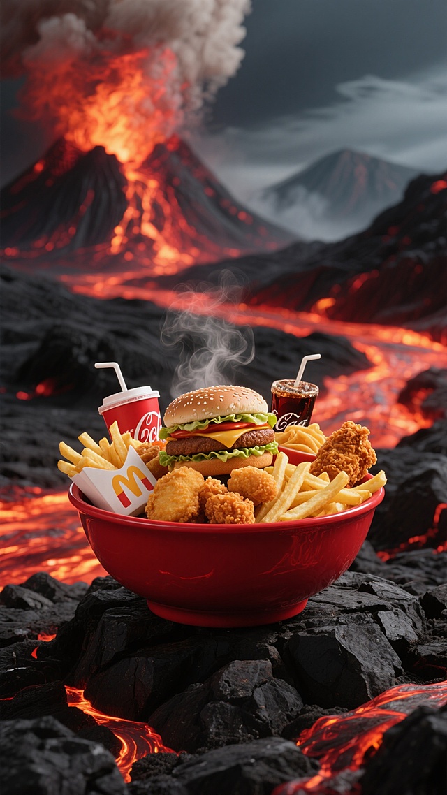 一个红色的碗放在黑色火山岩上，碗里装满了各种快餐美食，有汉堡、薯条、炸鸡块、可乐杯等，食物色泽诱人，热气腾腾，背景是喷发的火山和流淌的岩浆，整体色调以红色和黑色为主，光影对比强烈，营造出热烈、刺激的氛围，画面具有强烈的视觉冲击力和真实感。