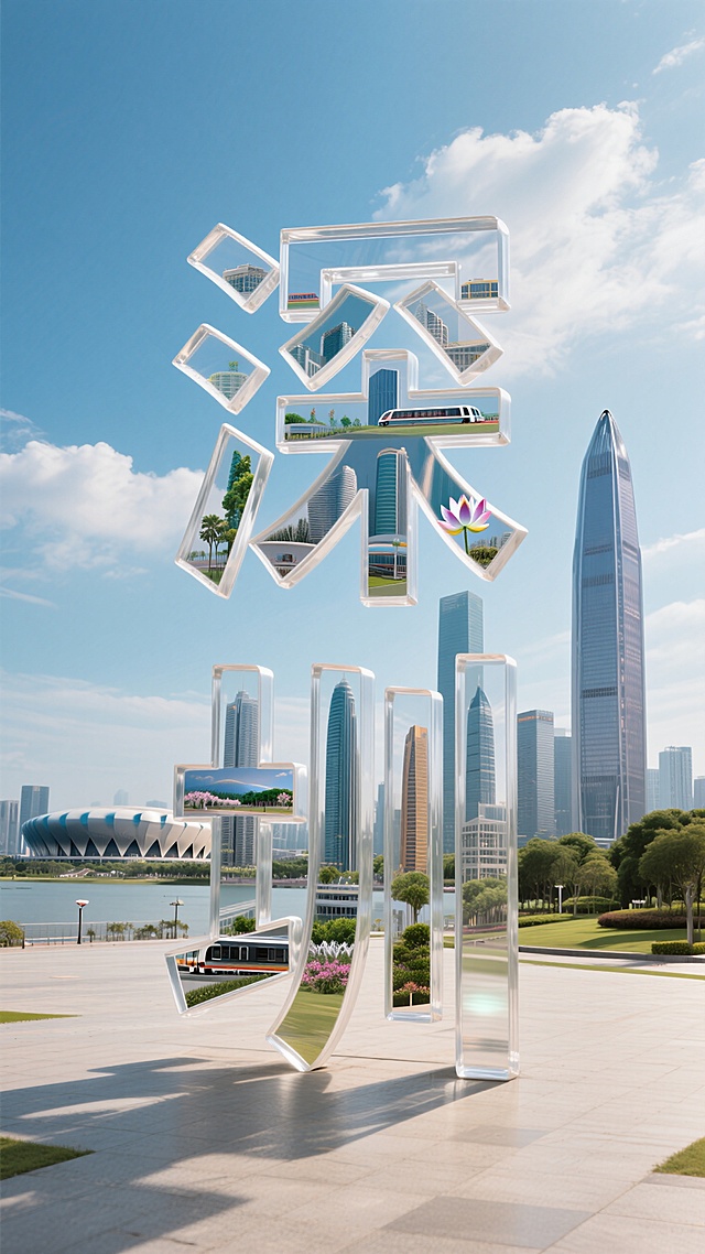 文字“深圳”，“深”字内穿插设计当地标志性建筑，比如平安金融中心、深圳湾体育中心，“圳”字内穿插设计当地特色元素，比如莲花山公园、深圳地铁等。深圳两个字立体在地上，字体上面出现立体的标志性建筑，蓝天白云，字体的材质透明材质，要有设计感。