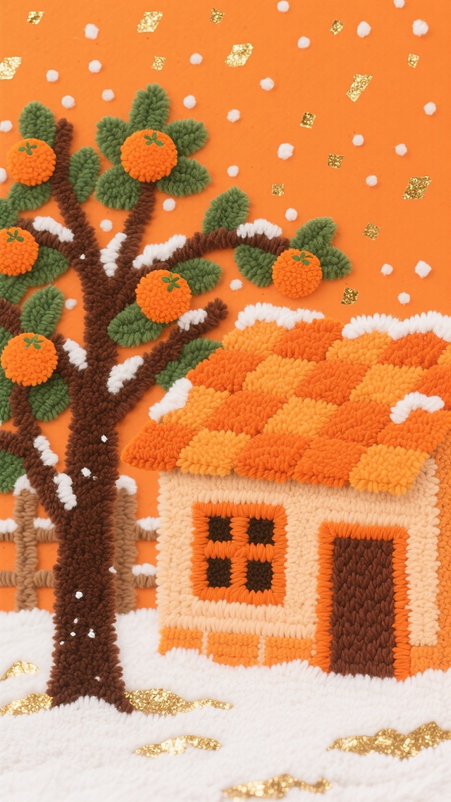 橙色背景上的刺绣风微缩艺术，温馨可爱的卡通小屋与挂满果实的树，雪地与金箔点缀，手工感十足，充满节日温暖氛围。