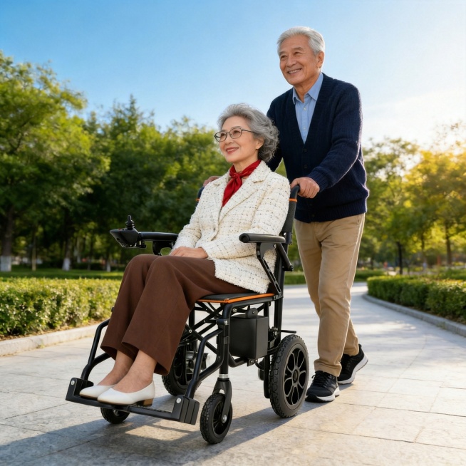 将图中的老年夫妇替换为外国面孔，保持其他场景、服饰、轮椅和氛围不变预览效果