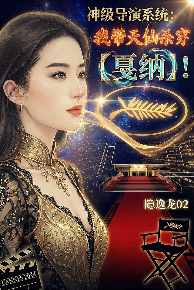 将背景替换为深色炫光背景，对书名文字「神级导演系统：」「我带天仙杀穿」「【戛纳】！」分别添加金属、火焰、流光特效，让文字成为视觉焦点，保留画面其他元素
