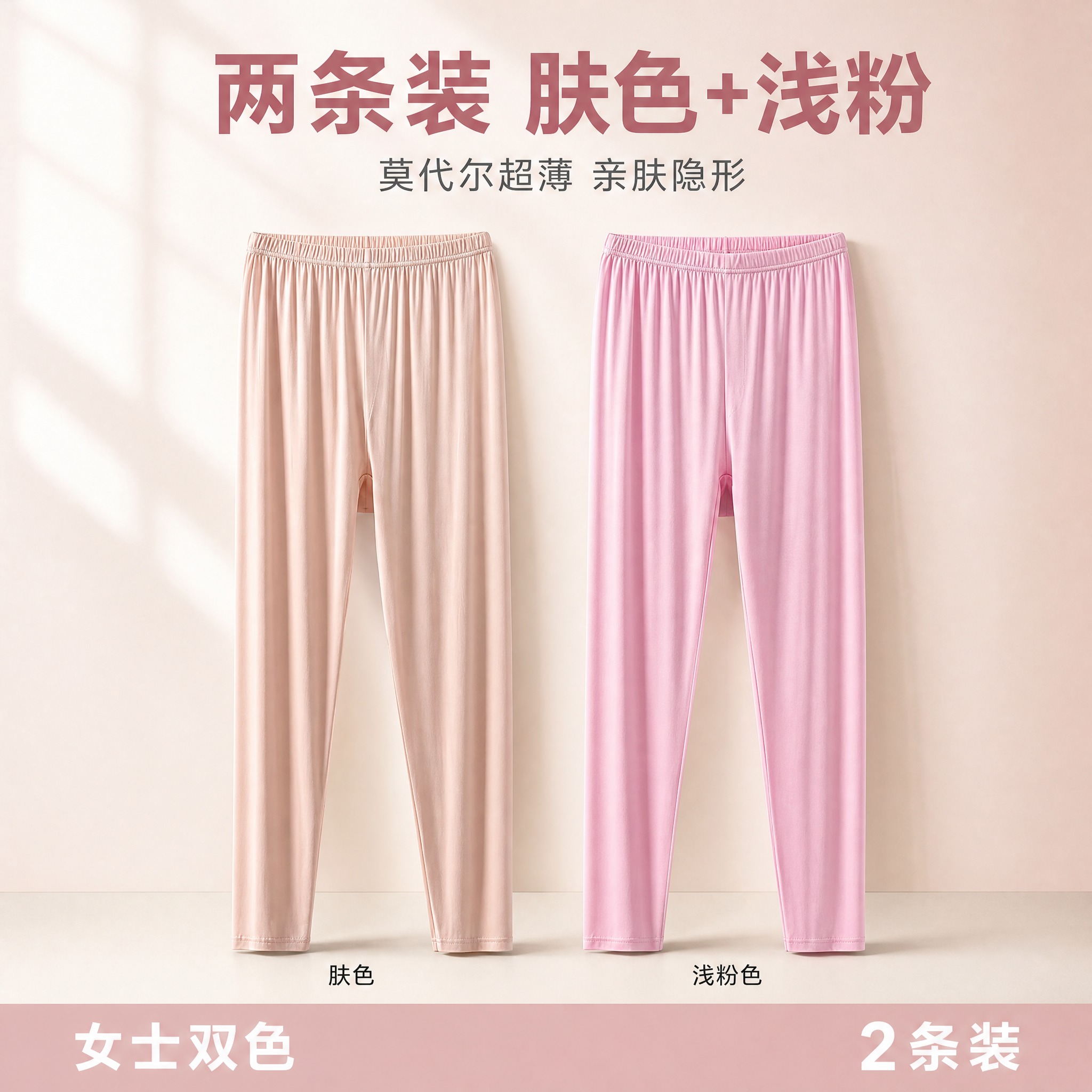 将肤色和浅粉色两条女士莫代尔秋裤合并成一张两条装电商主图。左侧… - 图片创意预览