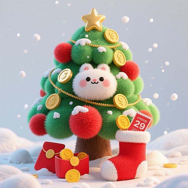 毛绒可爱圣诞树和金币