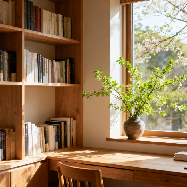 春季家装展览，日式原木风书房装修效果图，浅原木色系，开放式书柜，阳光透过窗户，窗边摆放春季绿植，自然宁静氛围，1:1构图预览效果