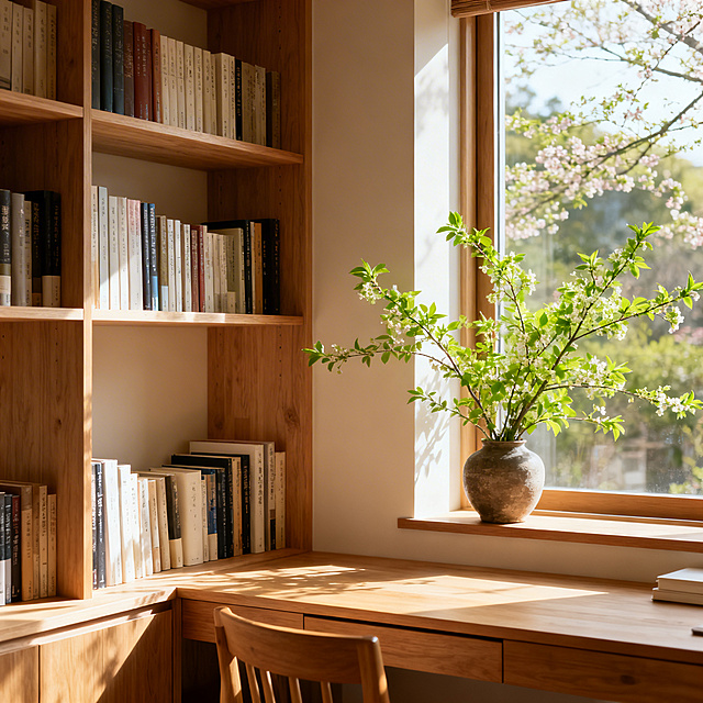 春季家装展览，日式原木风书房装修效果图，浅原木色系，开放式书柜，阳光透过窗户，窗边摆放春季绿植，自然宁静氛围，1:1构图