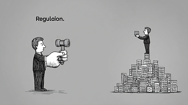 black and white vector illustration, simple hand-drawn style, on the left a large hand holding a tiny hammer labeled "regulation", on the right a cartoon figure in a suit standing amidst building blocks representing the market, the figure is holding one block, conceptual contrast, minimalist