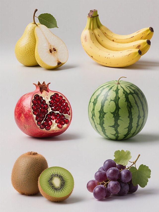 六个规整排布的水果素材图案，每张素材均为单一水果造型，水果包含梨子（完整带叶和切开带籽的组合，黄色带白色斑点果皮，白色果肉）、香蕉（完整成串，黄色带褐色斑点果皮）、西瓜（完整带绿色条纹果皮和切开带红色果肉黑色籽的组合）、石榴（完整红色果皮和切开露出红色籽粒的组合）、猕猴桃（完整棕色带绒毛果皮和切开带绿色果肉黑色籽的组合）、葡萄（紫色成串带绿色叶子），所有水果均采用超写实风格，具有高度逼真的光影效果、细腻的果皮纹理和质感表现，纯色背景，整体保持清晰、干净、专业的视觉呈现。