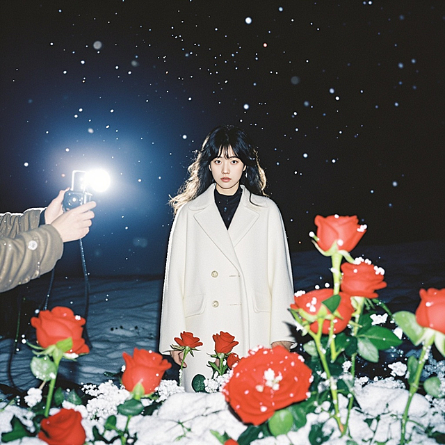 一个女生站在雪地里拍照