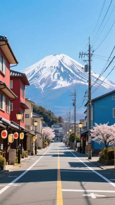 超写实高清大师摄影，日本小镇宁静街道全景，经典对称构图，富士山巍峨于街道尽头，山顶白雪皑皑，广角镜头下两侧日式建筑色彩丰富（红、米、蓝多层楼房），屋檐下日式灯笼状路灯点缀，清澈蔚蓝天空与雪山对比，干净街道黄白标线，电线杆及电线构成生活肌理，柔和明亮晴朗春日光线，色彩饱满和谐，细节锐利，完美融合日本小镇宁静与富士山壮丽预览效果
