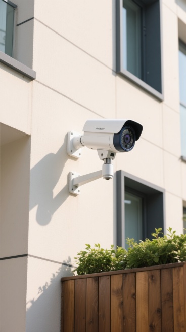 明亮日光下，现代风格建筑米色墙面上，白色安防监控摄像头经金属支架稳固固定，深色保护罩的镜头投下清晰阴影，建筑外墙哑光涂料质感，深灰色装饰线条勾勒，下方木质围栏与绿色植物顶部入景，整体干净整洁具产品展示专业感，视觉焦点清晰的背景素材用提示词。预览效果