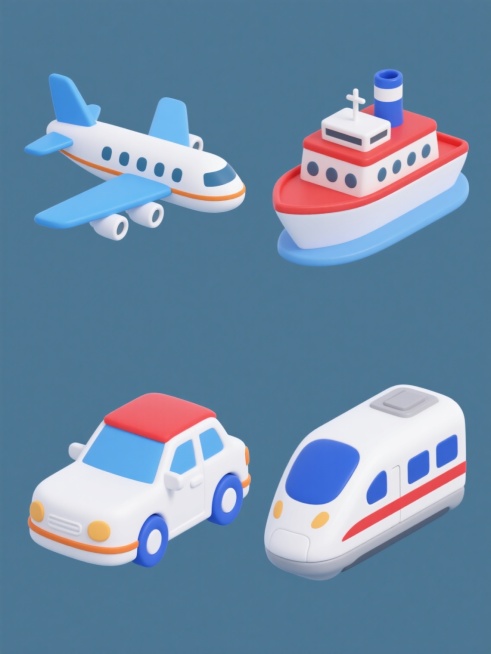 软3D风格图标集合，纯色背景，包含四个不同的交通工具元素：左侧上方是白色机身配蓝色机翼和尾翼、底部有橙色线条装饰的客机，右侧上方是白色船体配红色甲板和蓝色烟囱的轮船，左侧下方是白色车身配红色车顶和蓝色车轮的轿车，右侧下方是白色车身配蓝色车头和红色条纹的高铁列车，所有元素均采用圆润的边角处理、平滑的渐变色彩过渡和柔和的阴影效果，整体色彩明快协调，元素大小一致且规整排列成2x2网格布局。预览效果