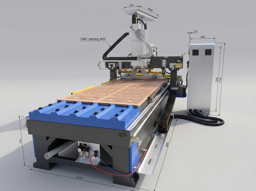 将图片转化为高精度3D设计图风格，展现CNC雕刻机的完整结构与细节，包括机械臂、控制面板、工作台、气管系统等，采用专业工业3D渲染风格，金属质感清晰，光影真实，背景简洁中性预览效果