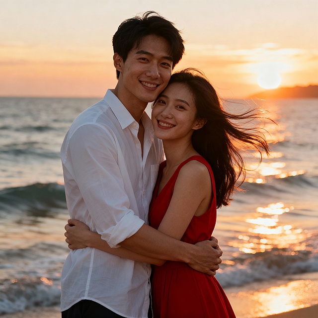 帮我生成20个写实风格的甜蜜浪漫主题的情侣照片，背景包括海边日落、蓝天绿地、室内温馨场景等多种风格，情侣们或相拥、比心、亲吻、对视互动，整体色调丰富多变，洋溢着温暖幸福的氛围，呈现多样化的浪漫视觉叙事风格。