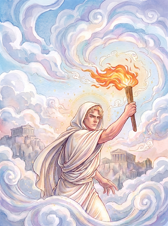 将普罗米修斯的衣袍改为温暖柔和的米白色、浅奶黄色调，其余保持不变