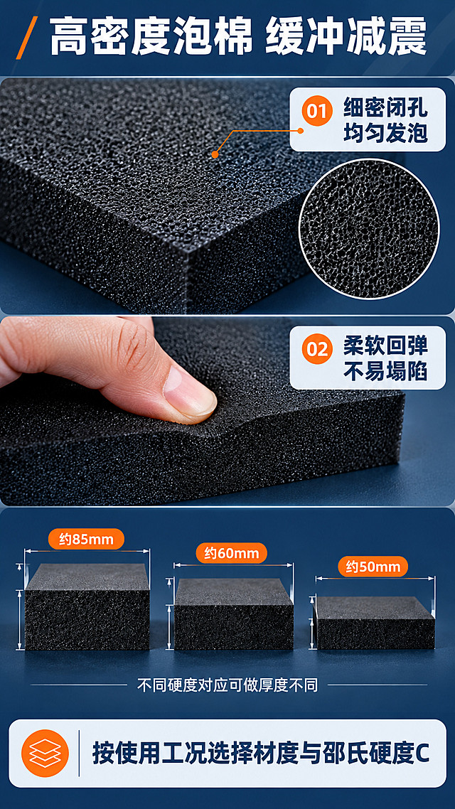 【第7张 材质细节·泡棉微距与厚度】
[商品] 使用图1黑色EVA泡棉板材与图2白色EVA泡棉板材（图4-图11参考图仅借鉴其微距质感与厚度标注的信息结构，不照搬画面）。保留黑色板材的细密闭孔哑光发泡肌理与白色板材的柔白微孔质感，以及平直切割断面，不得改变颜色与厚度比例。
[画面] 目标：放大泡棉肌理并展示厚度差异。画面为竖向三段：上段超微距特写黑色泡棉表面细密孔径与斜切断面，可见均匀闭孔；中段一只手（亚洲人肤色，手指自然按压）按压黑色板材边缘，展示回弹与柔韧；下段并排三块厚度递减的黑色板材断面，两侧加白色尺寸引线，台面为深藏青磨砂渐变。
[视觉] 套系策略：风格=专业工业定制类蓝白商务商业摄影；标题字=粗黑体；正文字=中等黑体；主色=深藏青蓝；背景延展=以深藏青蓝为基准做深浅层级与同色冷调磨砂渐变，卡面用磨砂纸感肌理；强调色=亮橙，仅用于小面积图标、引线、编号与标签；标题色=白与深藏青；正文色=深灰蓝；组件=圆角白色信息卡、细线引线、编号胶囊、参数表格；光影=左前侧柔光并带轻微轮廓光，产品信息面清晰。
[文字] 顶部深藏青标题条白字主标题「高密度泡棉 缓冲减震」；上段右侧白色浮窗卡横排「细密闭孔 均匀发泡」；中段标签横排「柔软回弹 不易塌陷」；下段尺寸引线横排「约85mm」「约60mm」「约50mm」，并配一行短说明「不同硬度对应可做厚度不同」；底部说明条横排「按使用工况选择材质与邵氏硬度C」。所有文字横向排版。
[规格] 9:16竖版，4K，避免变形、错字、文字过小、竖排或旋转文字、二维码、水印、平台角标、绝对化用语、虚构参数、手部畸形、泡棉颜色与断面结构改变。