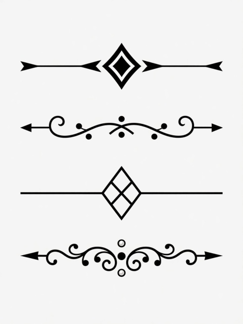 纯白背景上的系列装饰性分割线设计集合，采用极简黑白平面风格，每个分割线由左右对称的细直线条与中央独特装饰元素构成。4组完全不同造型的同系列素材规整排布：第一组中央为菱形与箭头组合图案，线条两端渐细；第二组是卷曲藤蔓与圆点装饰，线条末端有柔和收笔；第三组含几何三角形与菱形阵列，线条为均匀粗度；第四组由复杂卷草纹与珍珠圆点构成，线条两端呈尖锐箭头状。所有元素保持一致的视觉权重与间距，整体呈现出优雅……预览效果