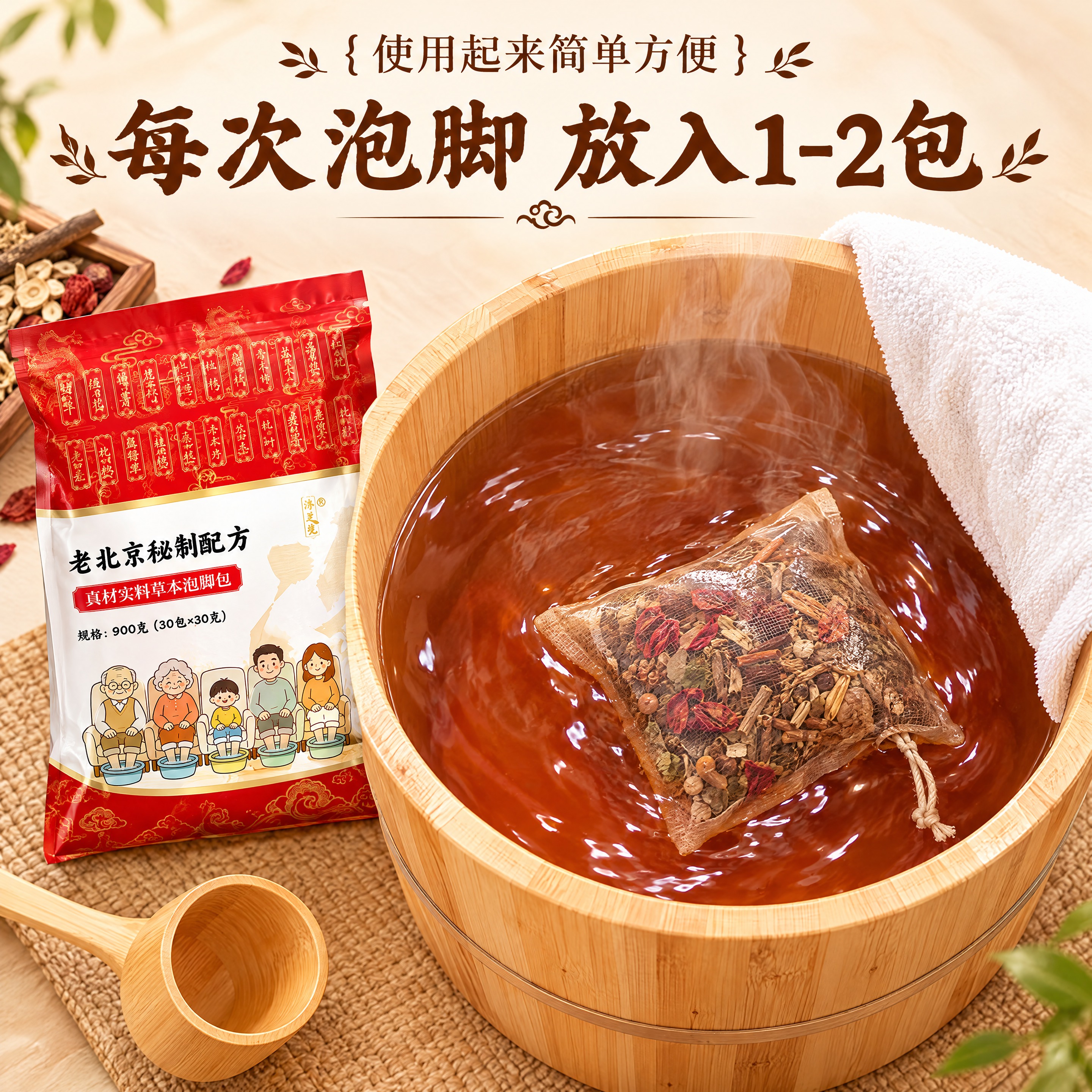 第一张图是我方产品（老北京秘制配方草本泡脚包，红色包装，规格9… - 图片创意预览