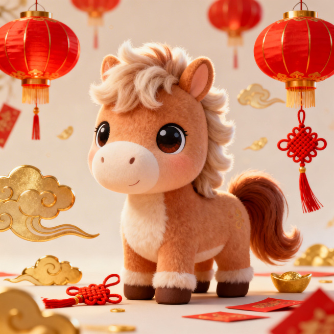 马年主题横图，画面中有可爱的卡通骏马，搭配喜庆的红色、金色元素，充满新年氛围预览效果