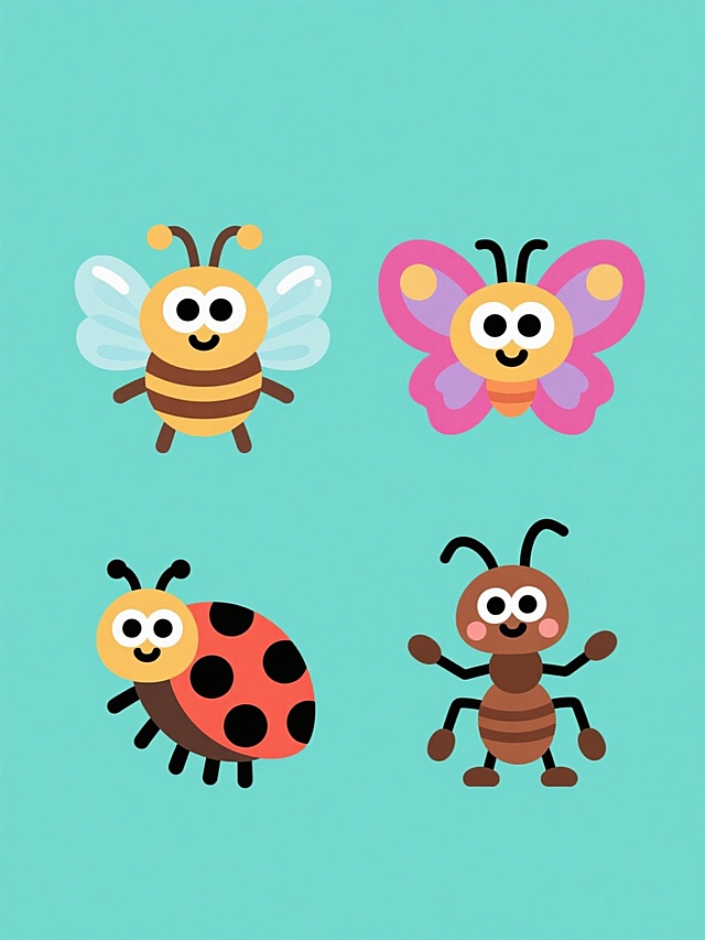 一套4个不同元素的系列卡通插画素材集合，规整排布，保持统一的可爱扁平风格，每个元素均为纯色背景上的单个拟人化昆虫角色，色彩变换鲜明且协调，角色具有圆润的身体轮廓、夸张的大眼睛、微笑的表情、透明质感的翅膀和高光细节，整体构图简洁明快，元素类目统一为昆虫，分别展示蜜蜂、蝴蝶、瓢虫和蚂蚁，每个角色姿态生动，色彩方案各异但风格保持一致。