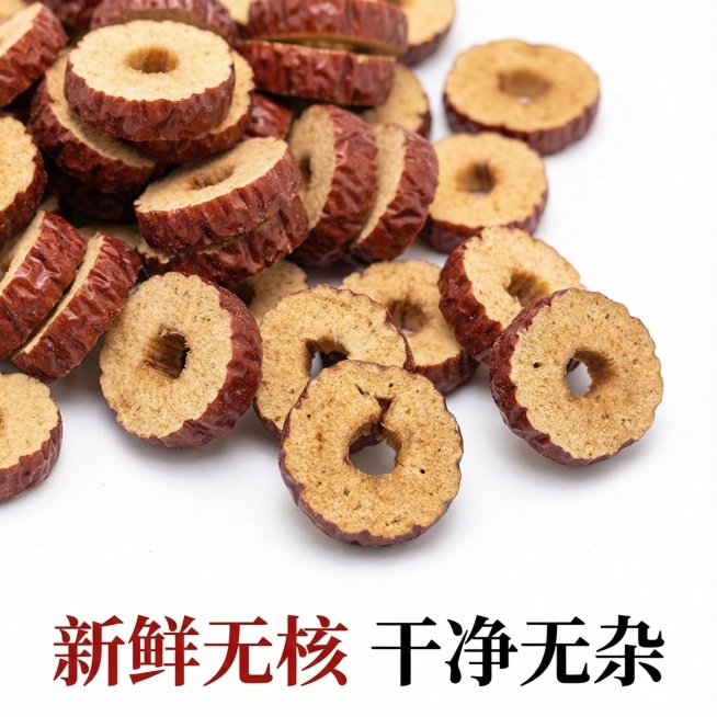 图一中这款产品是红枣片，我在拼多多卖这款产品，请帮我设计10张电商主图，这款产品的克重是100g
文案要求:红枣圈 酥脆香甜 片大肉厚 泡水煲汤 早香四溢 新鲜无核 干净无杂 免洗预览效果