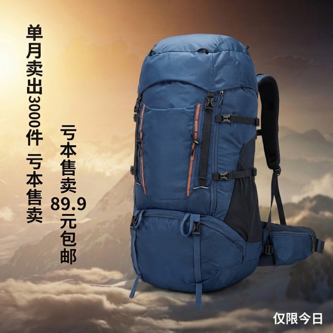 将背景和人物分离，突出蓝色旅行包作为画面主体，保持旅行包清晰、细节完整，保留左侧竖排文本“单月卖出 3000件 亏本售卖 89.9元 包邮”和右下角“仅限今日”文案，保持背景为登山云海场景，调整构图让预览效果