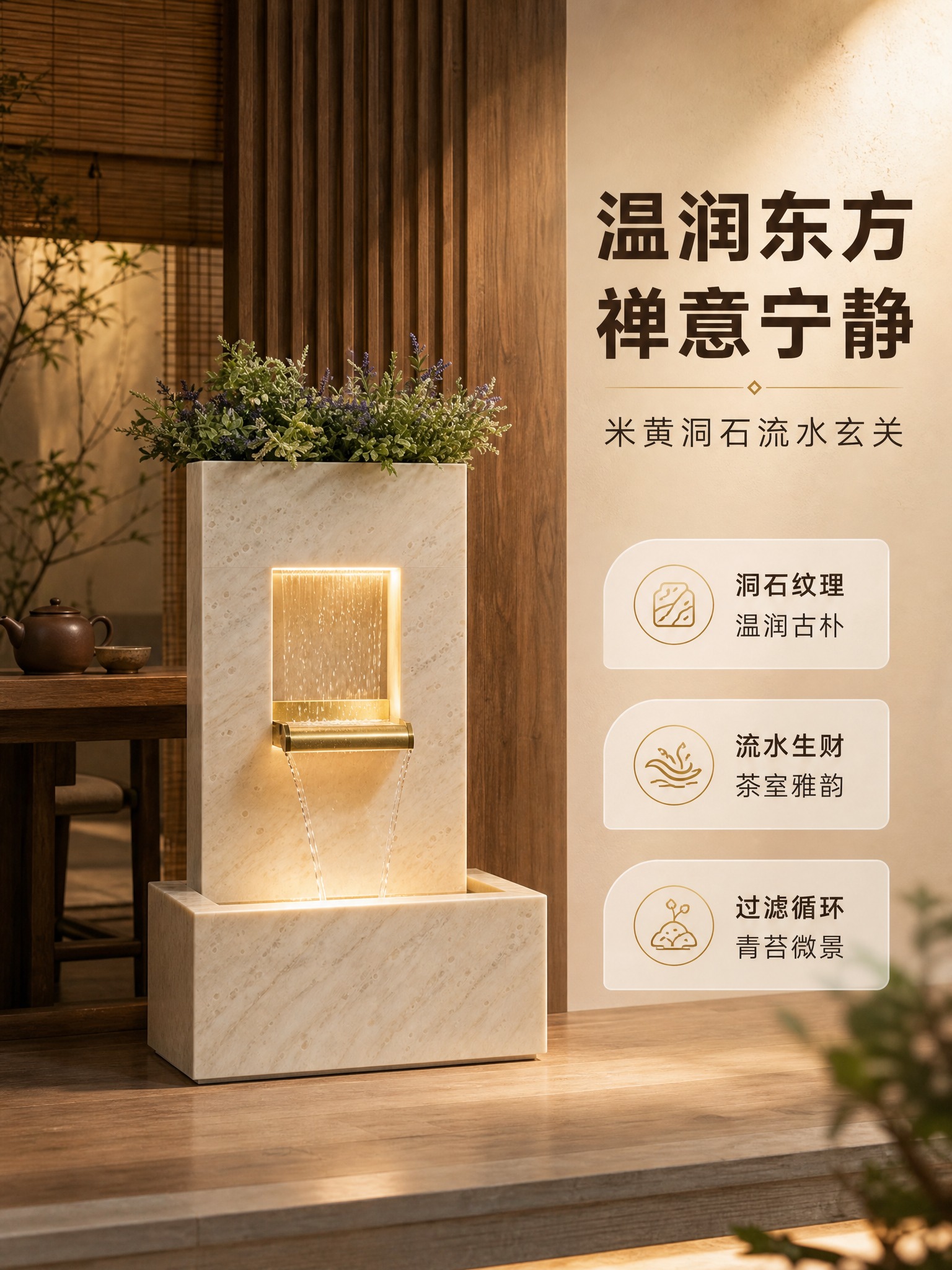 [商品] 使用【图3】米黄洞石纹岩板流水玄关摆件；保留立柱式方… - 图片创意预览