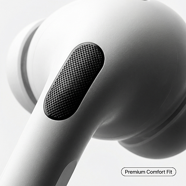 [Main Image 4] Close-up detail shot of the white wireless earbud. Focus on the speaker mesh and sensor area on the stem. Keep original product details. Show the texture of the matte white plastic and the black sensor patch with sharp focus. Clean soft studio side lighting creates subtle highlights. Add small text label "Premium Comfort Fit" at bottom right. 1:1 square composition, macro product photography, 2K high resolution.