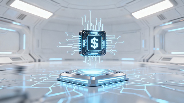 Secure digital finance hub, floating fintech hardware connected by luminous circuits, glowing network foundation, modern white tech space, cinematic lighting, no text, 16:9