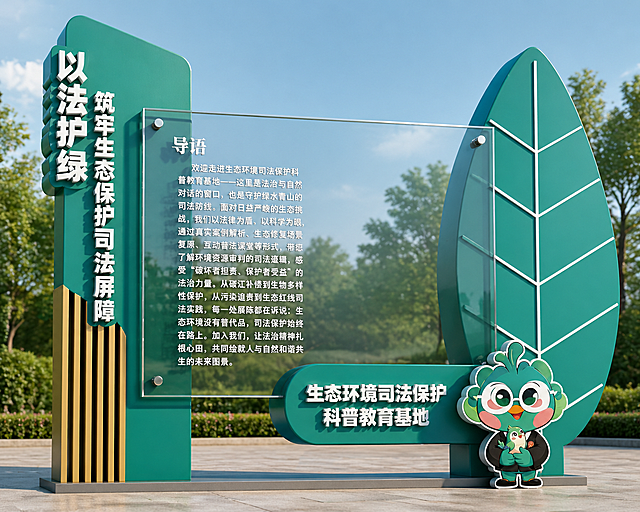 重新生成生态环境司法保护科普教育基地的铁艺烤漆立体雕塑效果图，整体为多层立体结构，灰色导语区域为透明钢化玻璃，玻璃上印制UV导语文字，保留所有原有文字和卡通绿小法形象，其他文字做立体效果