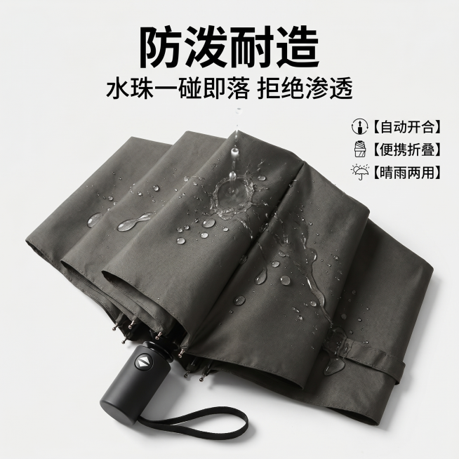 [主图 2] 晴雨两用自动雨伞核心防泼水性卖点展示。
[氛围风格] 现代简约实用风格，清晰突出功能卖点
[画质] 商业摄影质感，光线柔和通透，产品清晰真实，画面干净高级
[元素] 深灰色折叠雨伞展开局预览效果