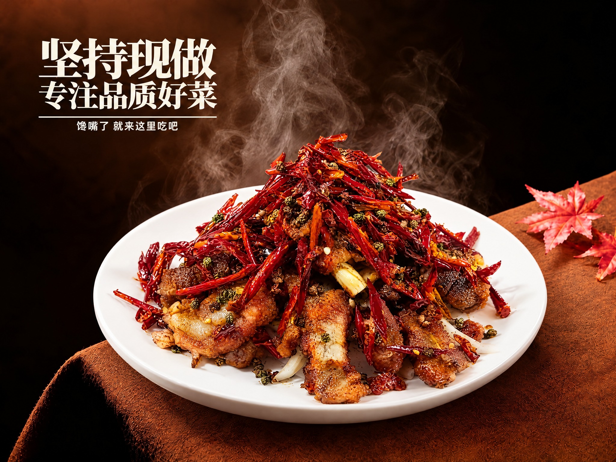 将第一张图中的菜品和盘子整体替换为第二张图中的香辣排骨及其白色… - 图片创意预览