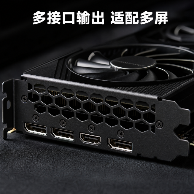 [细节图3] 视频输出接口挡板细节图
[氛围风格] 工艺细节展示
[画质] 微距摄影 清晰真实
[元素] 显卡尾部输出接口挡板区域微距特写，保持挡板开孔、接口排布和黑色磨砂材质与原图完全一致，精细化还预览效果