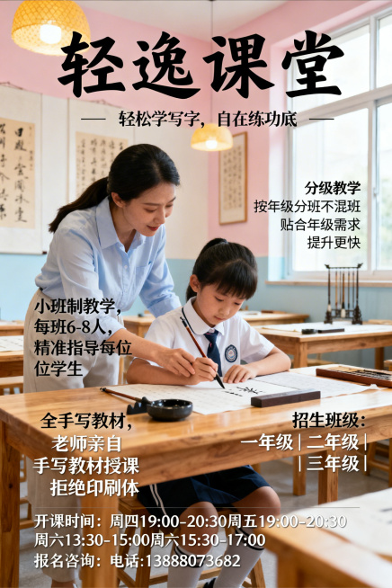 书法培训招生海报，画面有温馨明亮的教室场景，老师指导学生写字，突出文字“轻逸课堂”“轻松学写字，自在练功底”“小班制教学，每班6-8人，精准指导每位学生”“分级教学，按年级分班不混班，贴合年级需求，提预览效果