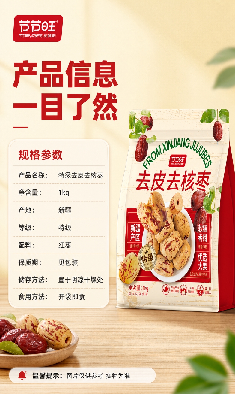 [商品] 使用【图1】节节旺特级去皮去核枣1kg装产品图；保留… - 图片创意预览